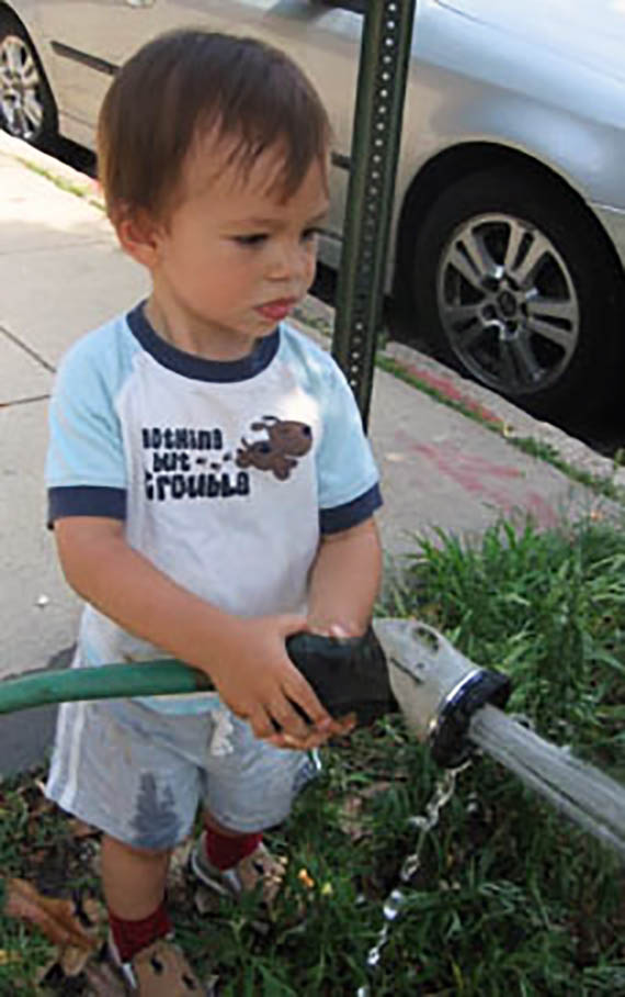 A very young child carefully waters a tree with a hose.