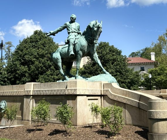 Statue of General Sheridan astride a beautiful horse; new plantings adorn the statue's base
